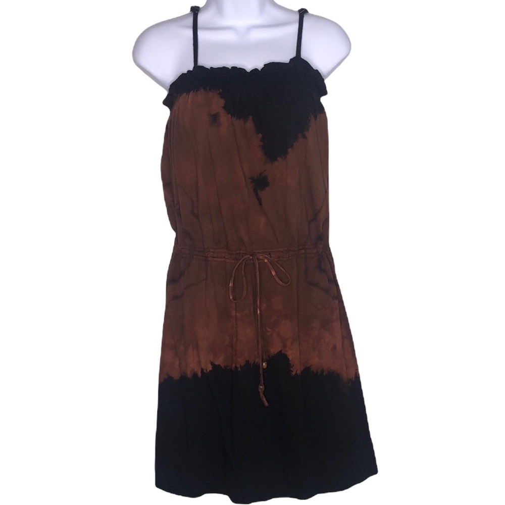 ROXY Custom Tie Dyed Boho Mini Dress Spaghetti Strap Drawstring Waist Black Rust